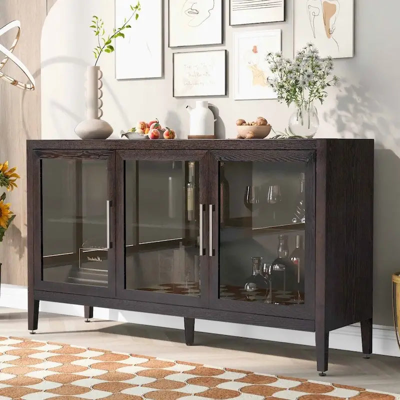 Meuble de rangement en bois avec trois portes en verre trempé et étagère réglable, idéal pour le salon, le bureau et l'entrée.