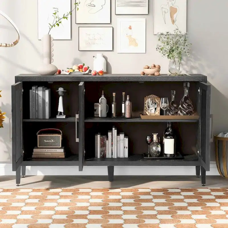 Meuble de rangement en bois avec trois portes en verre trempé et étagère réglable, idéal pour le salon, le bureau et l'entrée.
