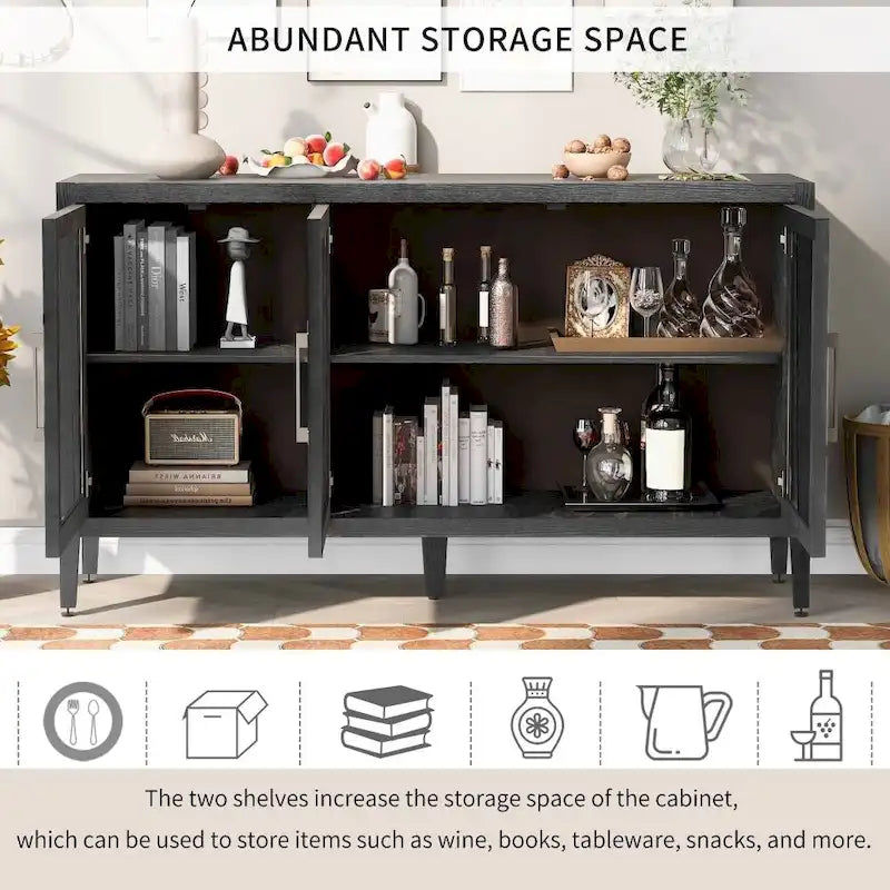 Meuble de rangement en bois avec trois portes en verre trempé et étagère réglable, idéal pour le salon, le bureau et l'entrée.