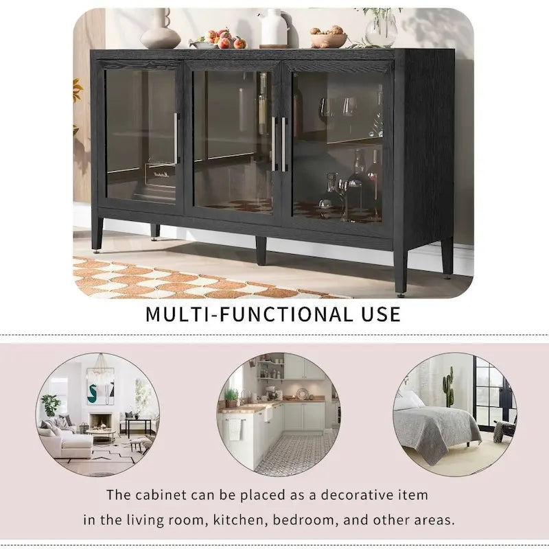 Meuble de rangement en bois avec trois portes en verre trempé et étagère réglable, idéal pour le salon, le bureau et l'entrée.