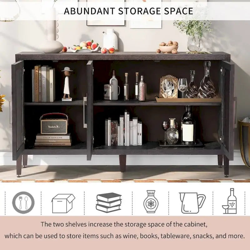 Meuble de rangement en bois avec trois portes en verre trempé et étagère réglable, idéal pour le salon, le bureau et l'entrée.