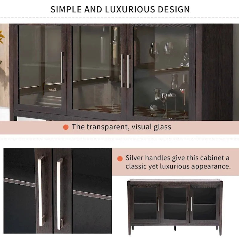 Meuble de rangement en bois avec trois portes en verre trempé et étagère réglable, idéal pour le salon, le bureau et l'entrée.