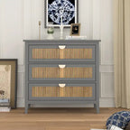 Meuble à 3 tiroirs, rotin naturel, style américain, idéal pour la chambre, le salon ou le bureau.
