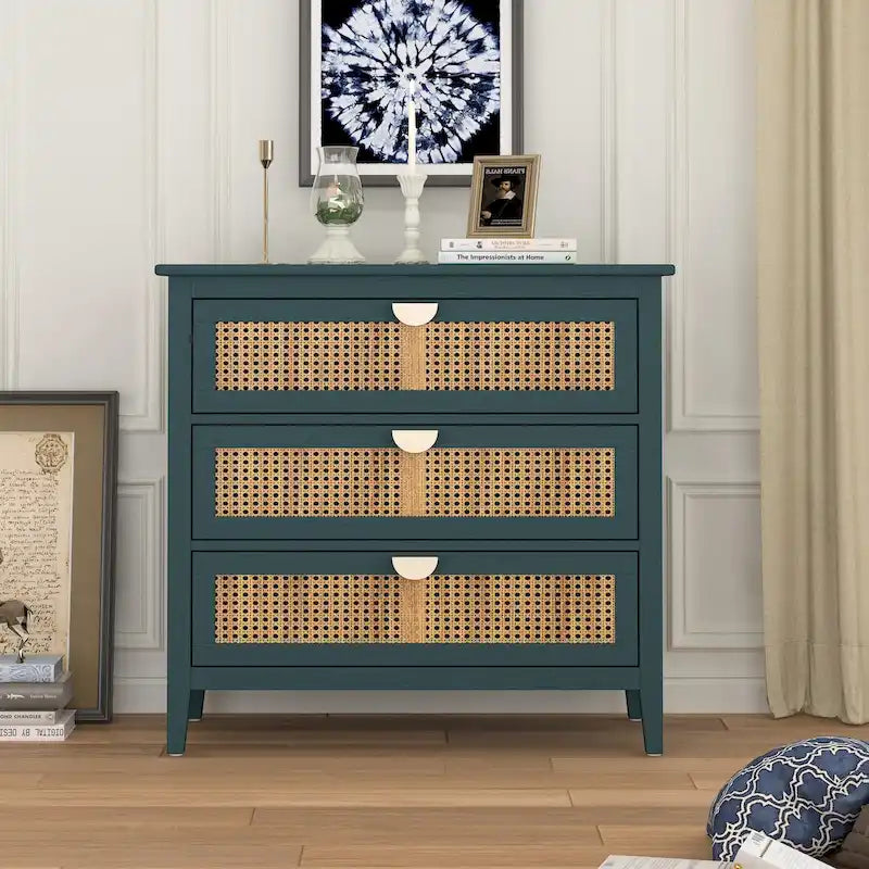 Meuble à 3 tiroirs, rotin naturel, style américain, idéal pour la chambre, le salon ou le bureau.