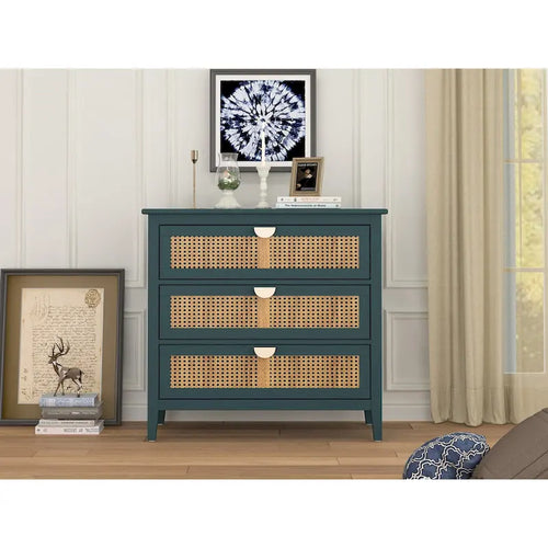 Meuble à 3 tiroirs, rotin naturel, style américain, idéal pour la chambre, le salon ou le bureau.