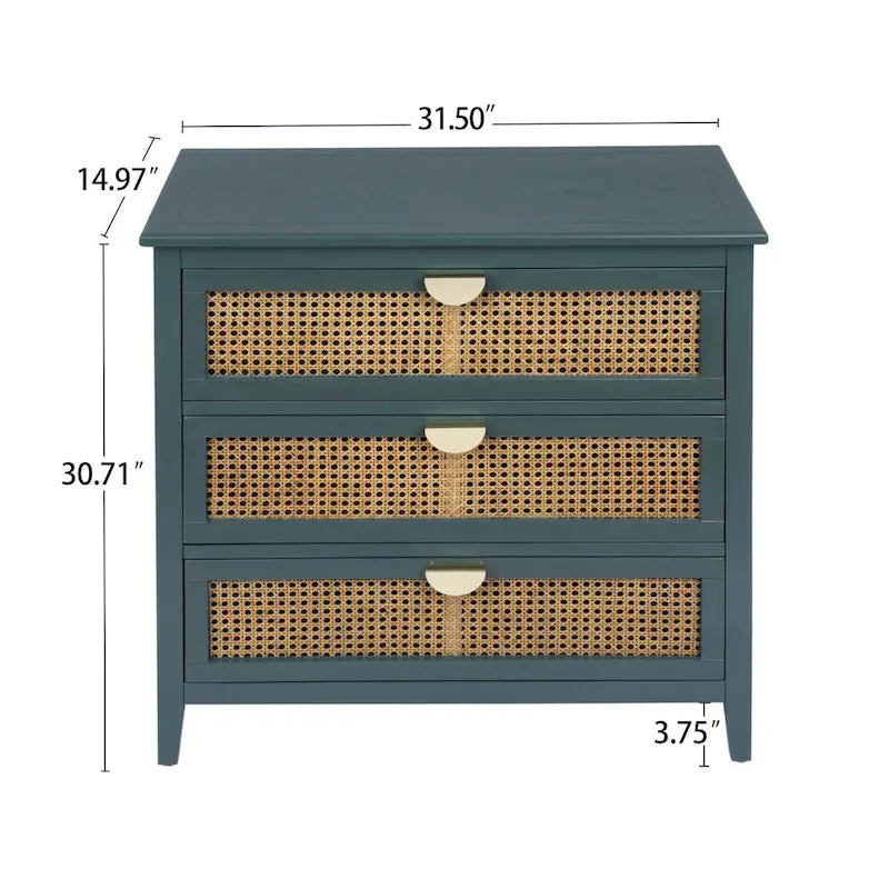 Meuble à 3 tiroirs, rotin naturel, style américain, idéal pour la chambre, le salon ou le bureau.