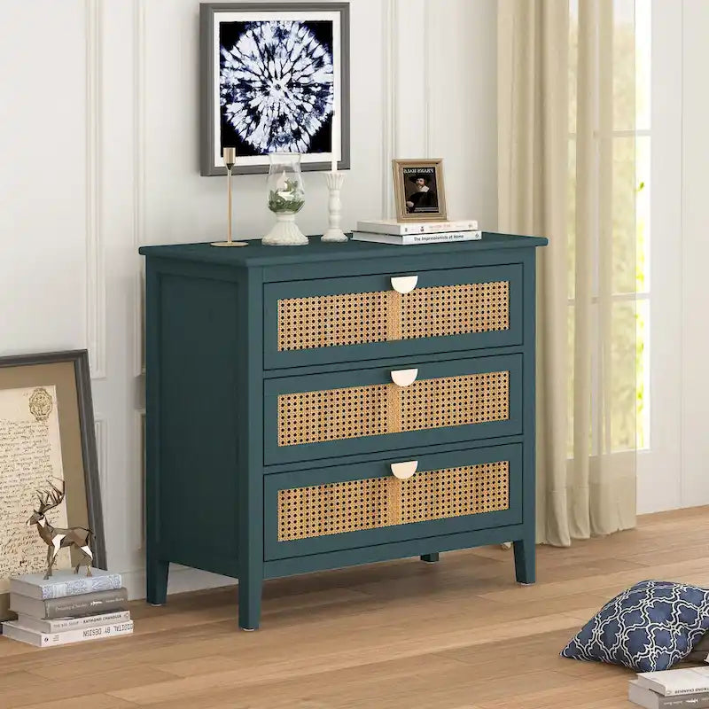 Meuble à 3 tiroirs, rotin naturel, style américain, idéal pour la chambre, le salon ou le bureau.