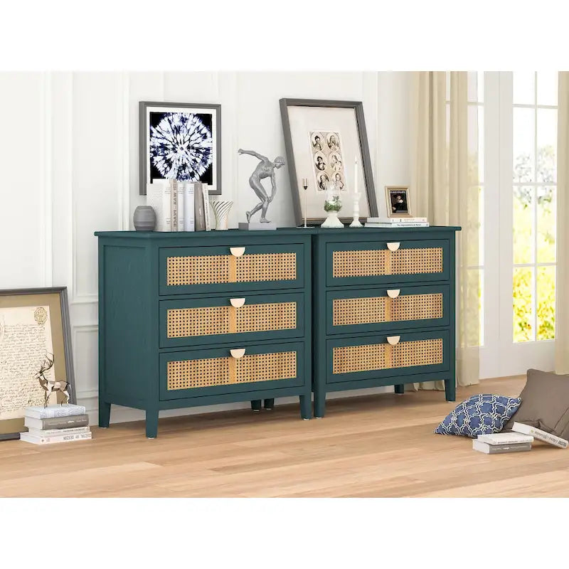 Meuble à 3 tiroirs, rotin naturel, style américain, idéal pour la chambre, le salon ou le bureau.