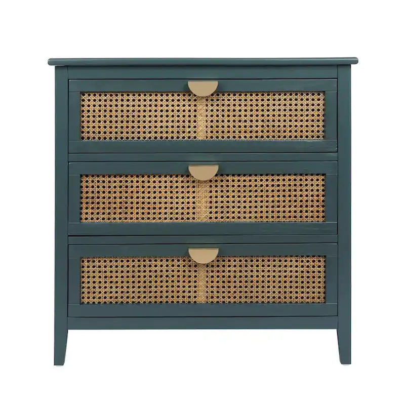 Meuble à 3 tiroirs, rotin naturel, style américain, idéal pour la chambre, le salon ou le bureau.