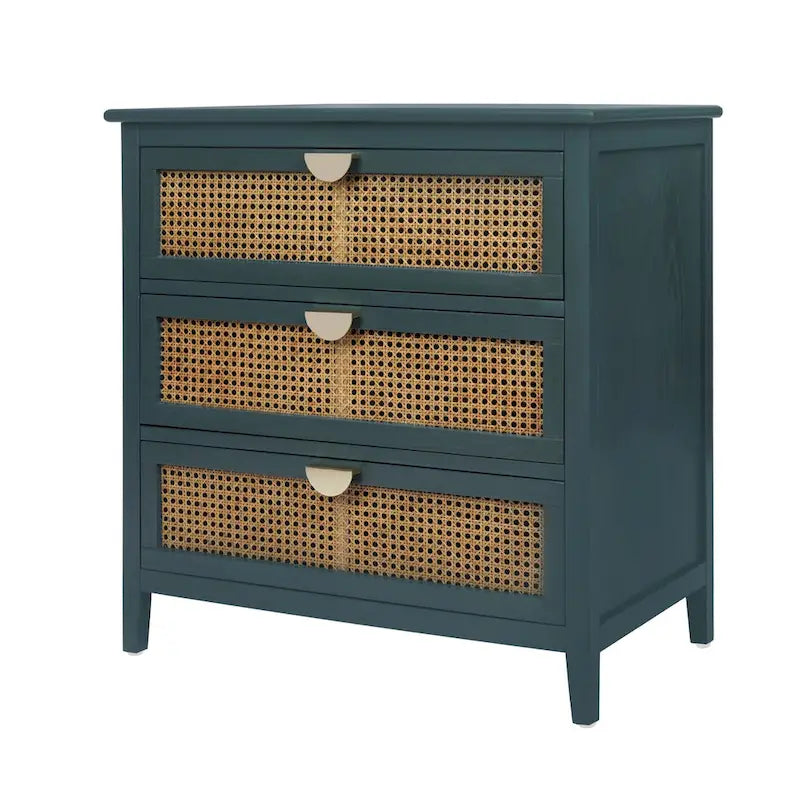 Meuble à 3 tiroirs, rotin naturel, style américain, idéal pour la chambre, le salon ou le bureau.