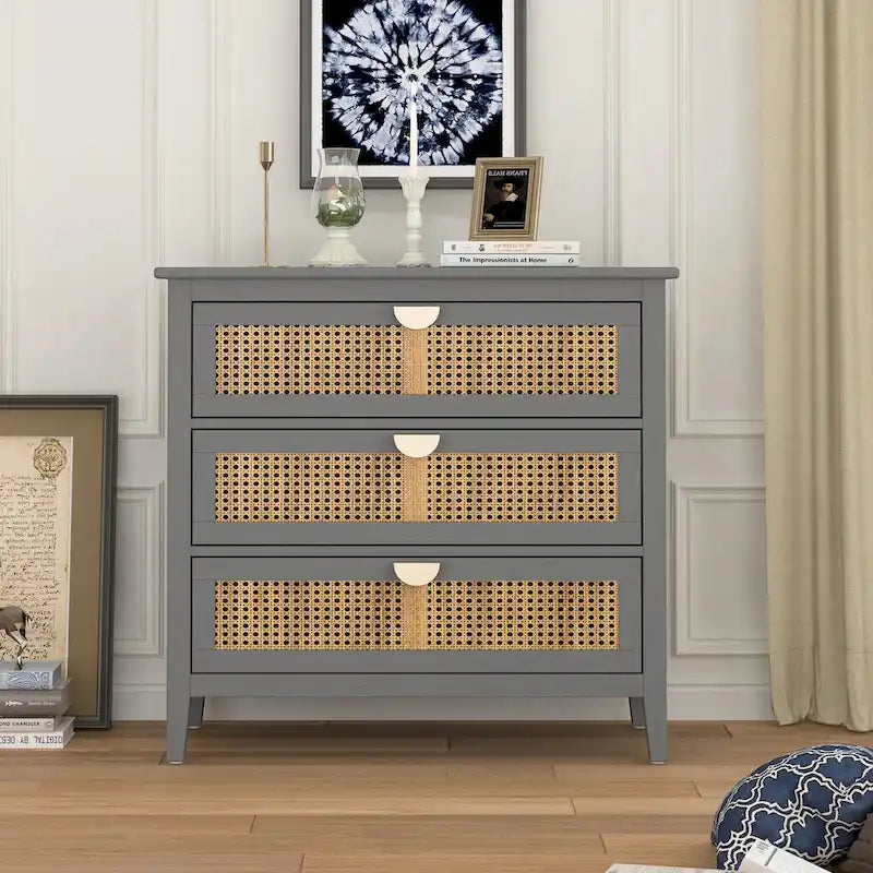 Meuble à 3 tiroirs, rotin naturel, style américain, idéal pour la chambre, le salon ou le bureau.
