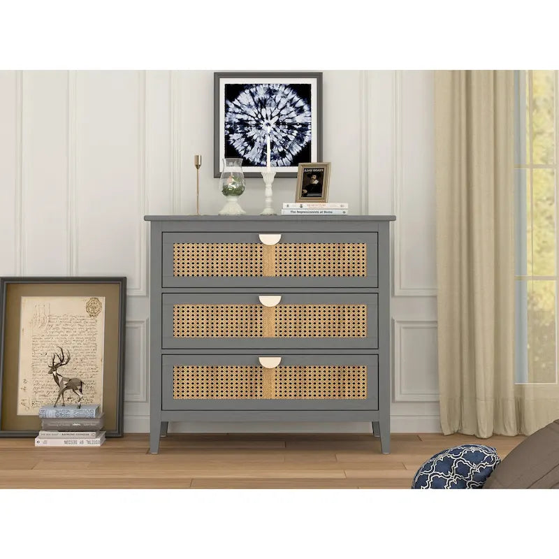 Meuble à 3 tiroirs, rotin naturel, style américain, idéal pour la chambre, le salon ou le bureau.
