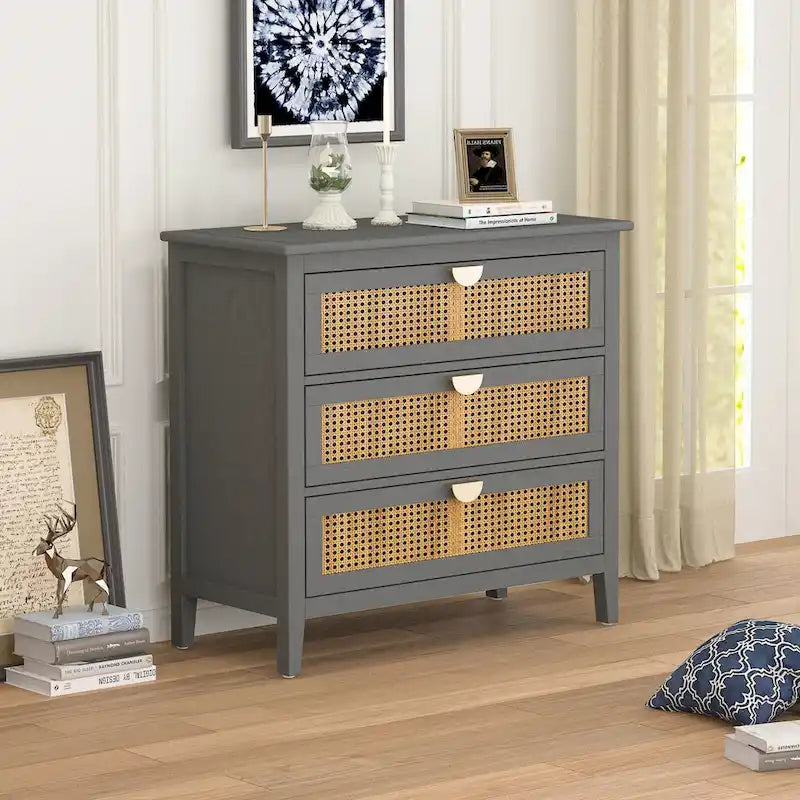 Meuble à 3 tiroirs, rotin naturel, style américain, idéal pour la chambre, le salon ou le bureau.