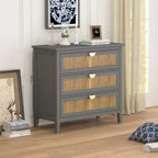 Meuble à 3 tiroirs, rotin naturel, style américain, idéal pour la chambre, le salon ou le bureau.