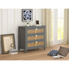 Meuble à 3 tiroirs, rotin naturel, style américain, idéal pour la chambre, le salon ou le bureau.