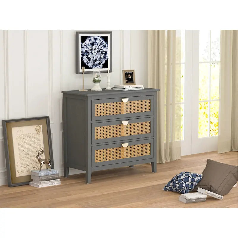 Meuble à 3 tiroirs, rotin naturel, style américain, idéal pour la chambre, le salon ou le bureau.