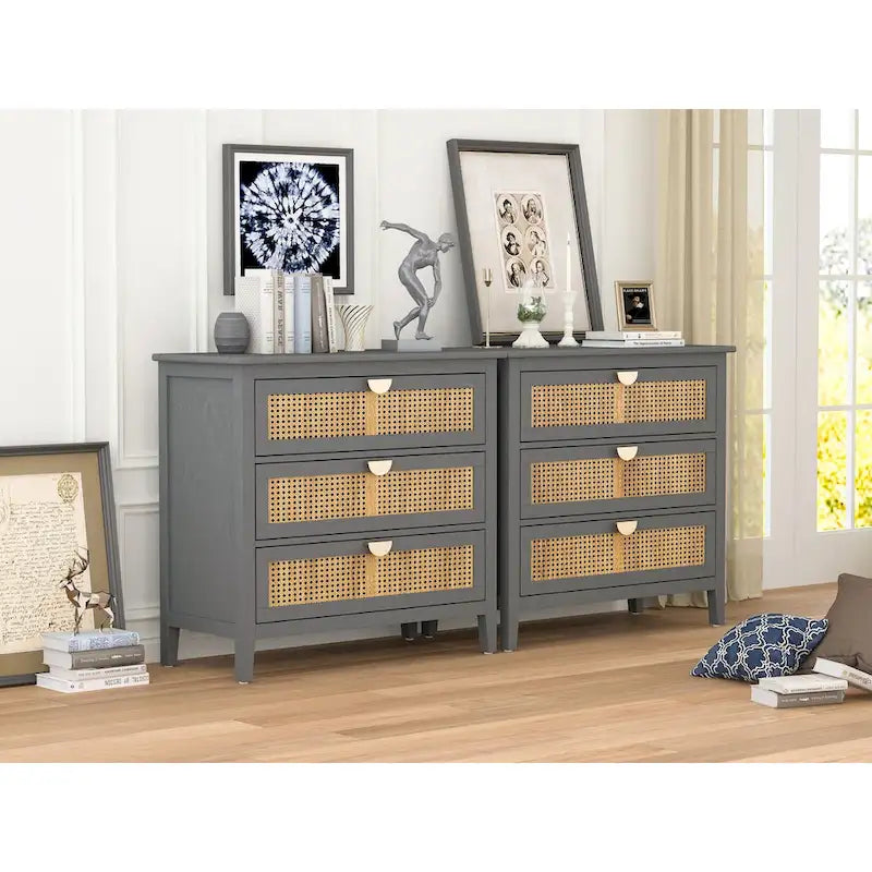 Meuble à 3 tiroirs, rotin naturel, style américain, idéal pour la chambre, le salon ou le bureau.