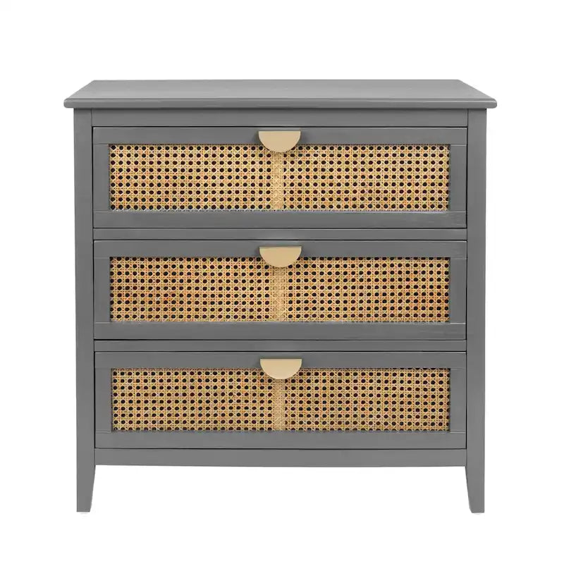 Meuble à 3 tiroirs, rotin naturel, style américain, idéal pour la chambre, le salon ou le bureau.
