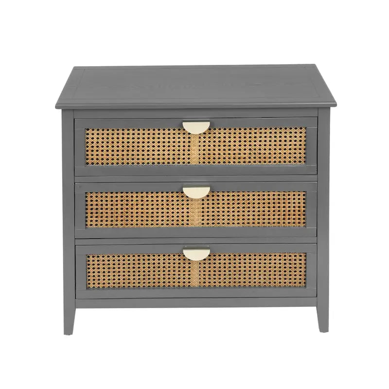 Meuble à 3 tiroirs, rotin naturel, style américain, idéal pour la chambre, le salon ou le bureau.