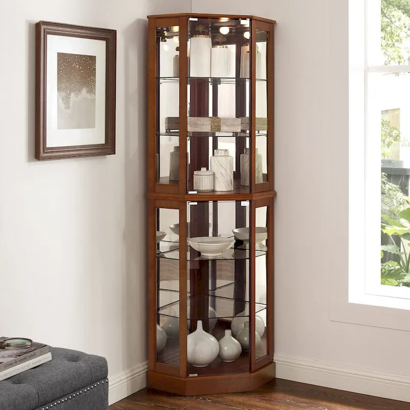 6 Shelf Corner Curio Display Cabinet with Lights, Mirrors and Adjustable Shelves, Walnut