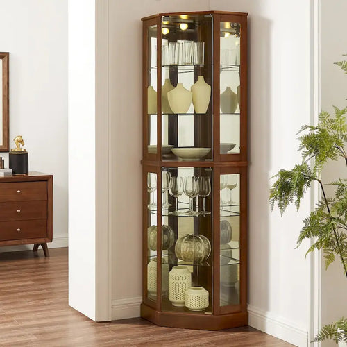 Vitrine d'angle à 6 étagères avec éclairage, miroirs et étagères réglables, noyer