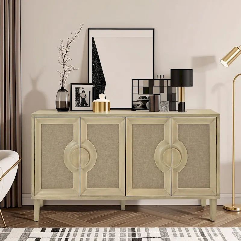 59,84 Élégant meuble vintage à 4 portes avec portes décorées de lin