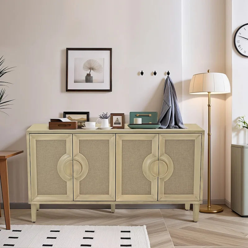 59,84 Élégant meuble vintage à 4 portes avec portes décorées de lin