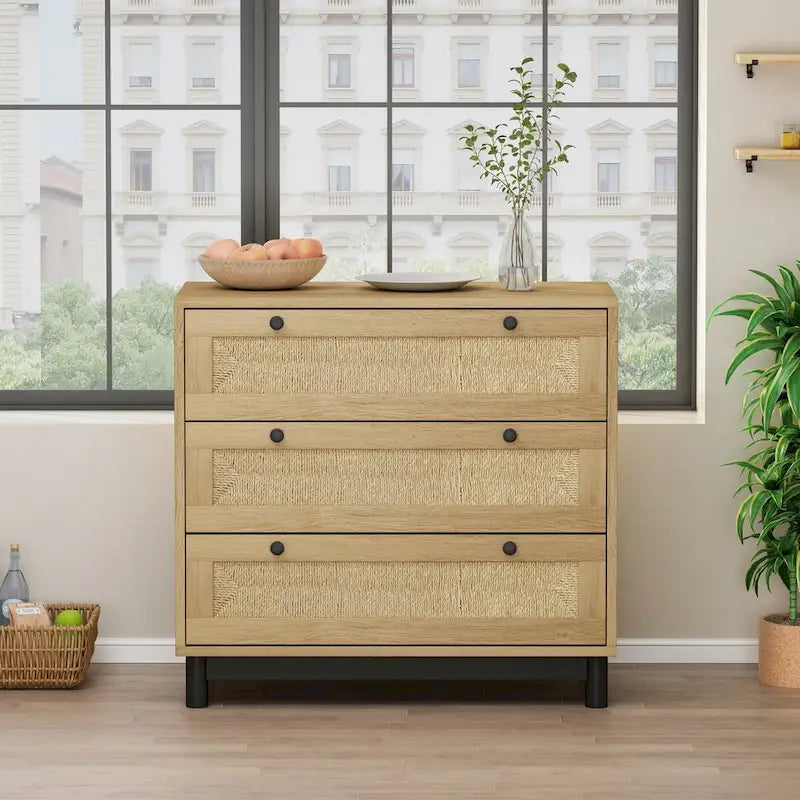 Modern Rattan Dresser, 30.31 3-Drawers Rattan Storage Cabinet, Dresser for Bedroom, Rope Woven Drawer, Chest of Rattan Drawers