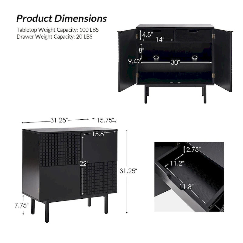 Meuble d'appoint Arnold moderne de 76 cm de haut, à 2 portes et pieds en métal, par HULALA HOME
