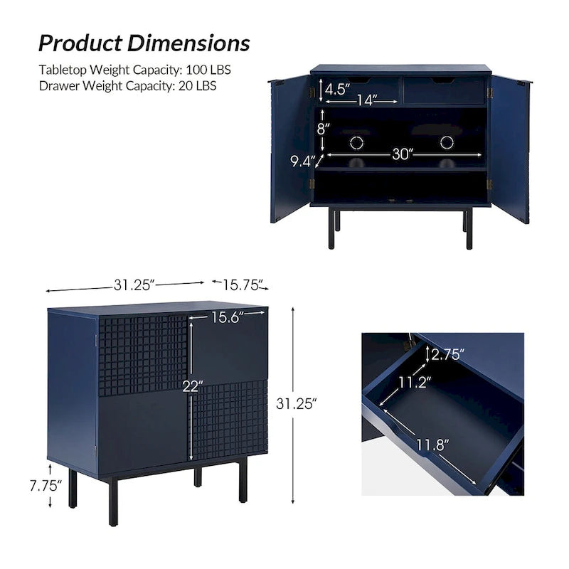 Meuble d'appoint Arnold moderne de 76 cm de haut, à 2 portes et pieds en métal, par HULALA HOME