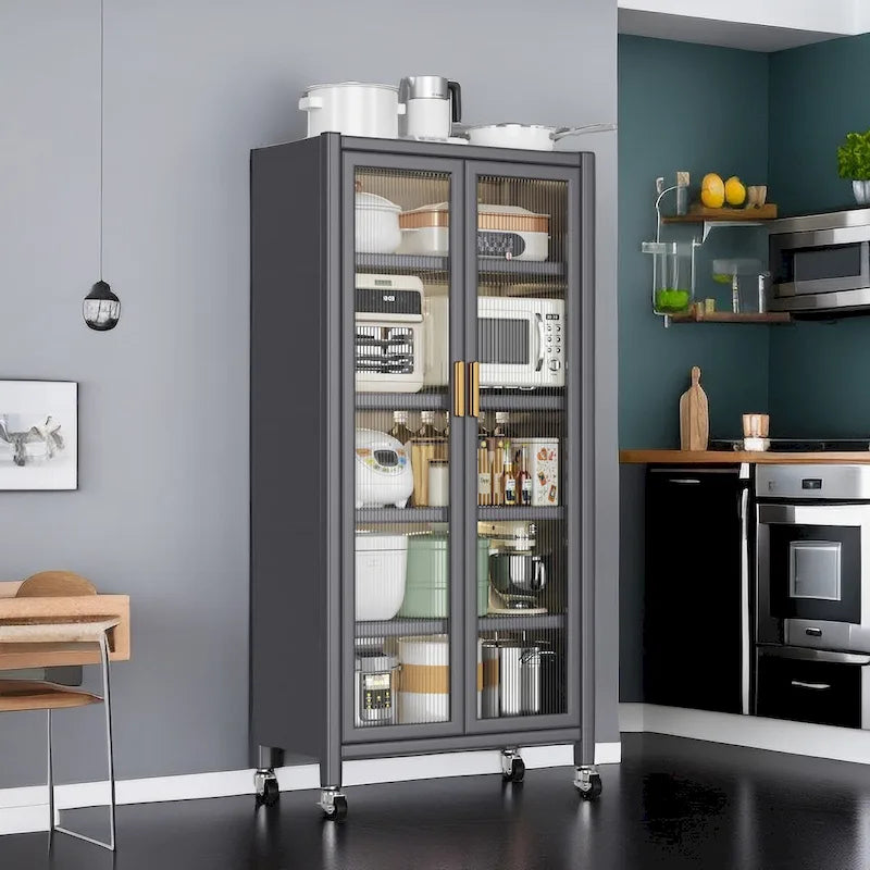 Étagères de cuisine à portes ouvertes, du sol au plafond, à plusieurs niveaux, micro-ondes, armoire de rangement, bols, armoires latérales