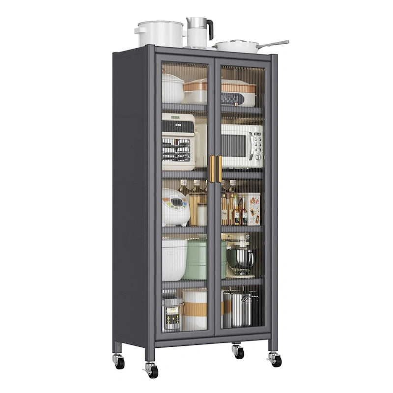 Étagères de cuisine à portes ouvertes, du sol au plafond, à plusieurs niveaux, micro-ondes, armoire de rangement, bols, armoires latérales