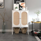 Armoire haute Allen à 2 portes en rotin naturel, étagère réglable, montage facile, meuble autoportant pour salon ou chambre.
