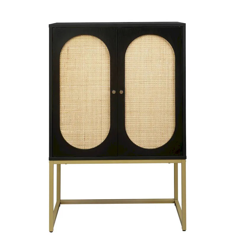 Armoire haute Allen à 2 portes en rotin naturel, étagère réglable, montage facile, meuble autoportant pour salon ou chambre.