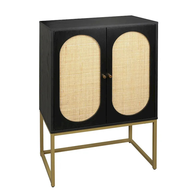 Armoire haute Allen à 2 portes en rotin naturel, étagère réglable, montage facile, meuble autoportant pour salon ou chambre.