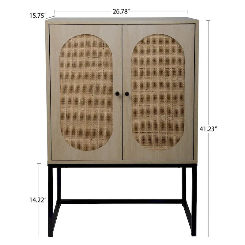 Armoire haute Allen à 2 portes en rotin naturel, étagère réglable, montage facile, meuble autoportant pour salon ou chambre.