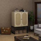 Armoire haute Allen à 2 portes en rotin naturel, étagère réglable, montage facile, meuble autoportant pour salon ou chambre.