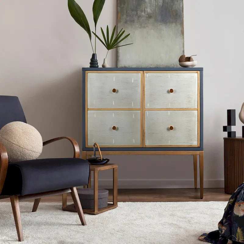 Buffet Delcey style moderne du milieu du siècle, 2 portes, étagère de rangement en laiton brossé pour salon/salle à manger