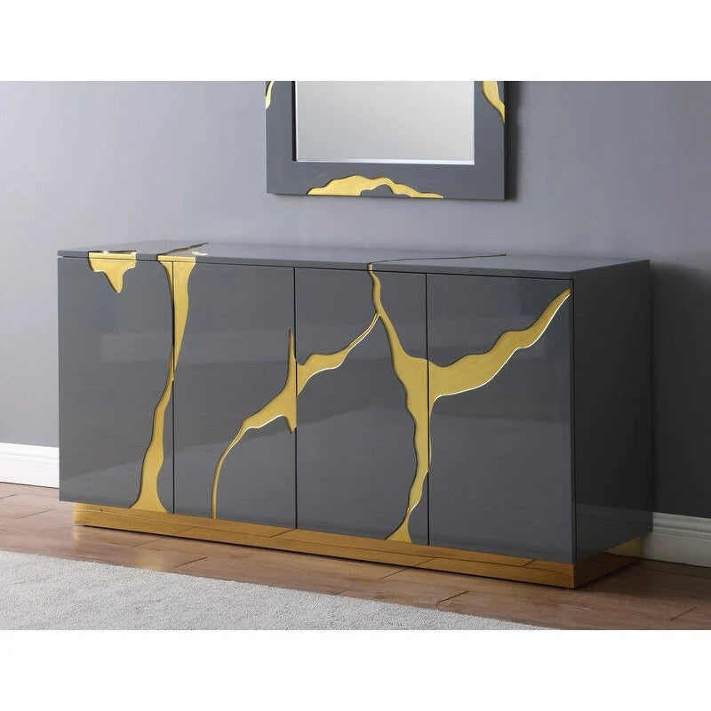 Buffet 4 portes en bois de peuplier laqué de 168 cm (66 pouces) avec étagères réglables, de la marque Best Master Furniture