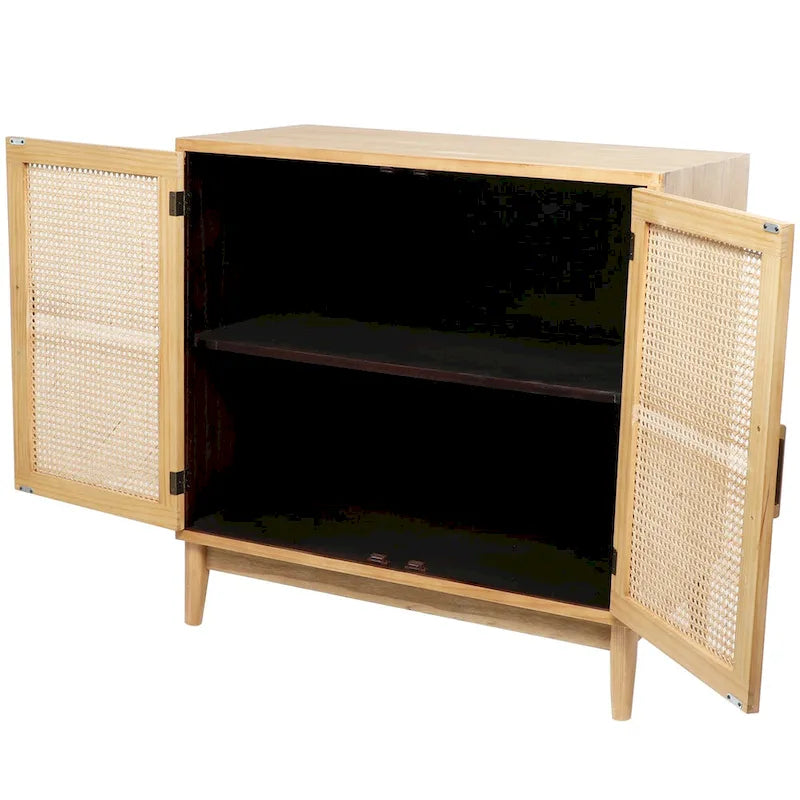 Meuble en bois à 1 étagère et 2 portes, portes avant en rotin et poignées dorées - Brun clair ou noir - Roche River Decor