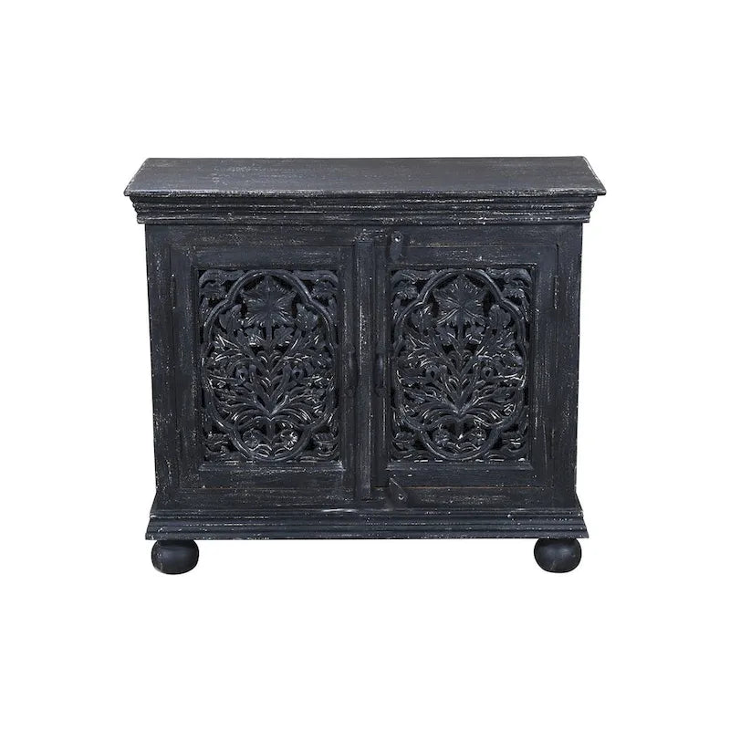 Meuble d'appoint Luna Black à 2 portes sculptées à la main