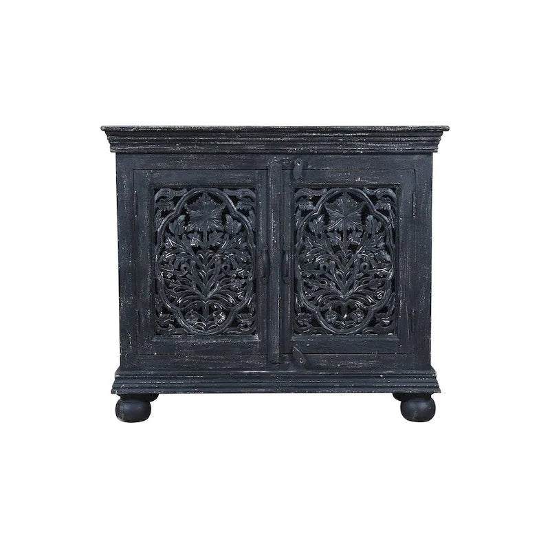 Meuble d'appoint Luna Black à 2 portes sculptées à la main
