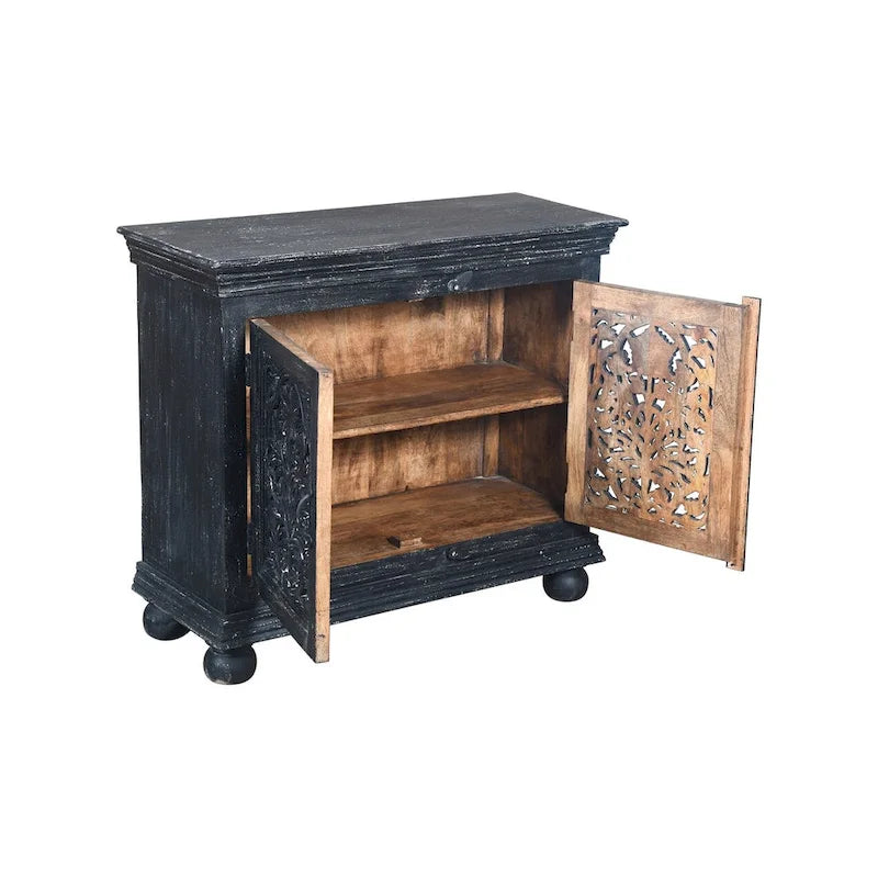 Meuble d'appoint Luna Black à 2 portes sculptées à la main
