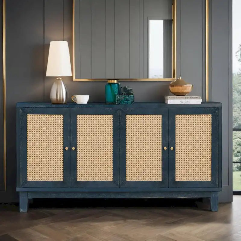 Panneaux en bois de qualité supérieure fabriqués à la main, buffet en rotin avec 4 portes en rotin, meuble de rangement d'appoint