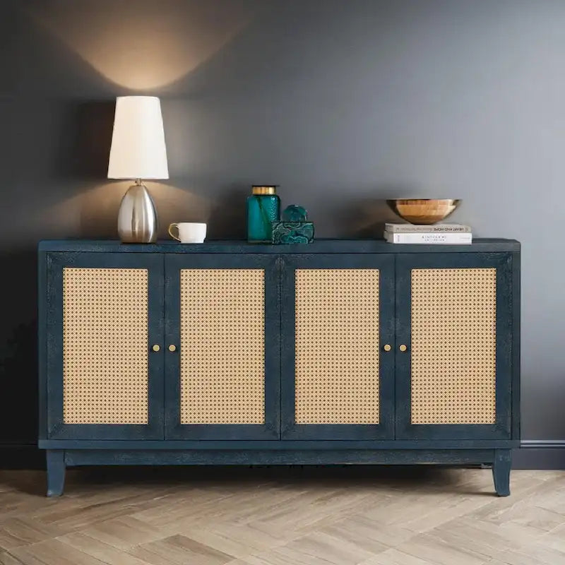 Panneaux en bois de qualité supérieure fabriqués à la main, buffet en rotin avec 4 portes en rotin, meuble de rangement d'appoint
