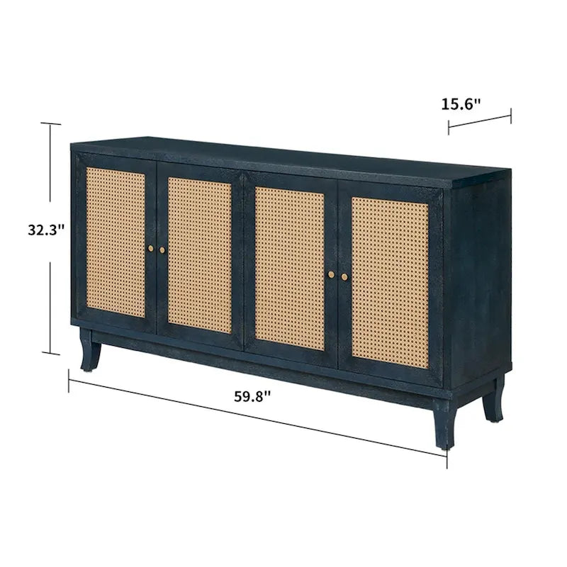 Panneaux en bois de qualité supérieure fabriqués à la main, buffet en rotin avec 4 portes en rotin, meuble de rangement d'appoint