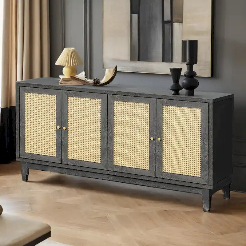 Panneaux en bois de qualité supérieure fabriqués à la main, buffet en rotin avec 4 portes en rotin, meuble de rangement d'appoint