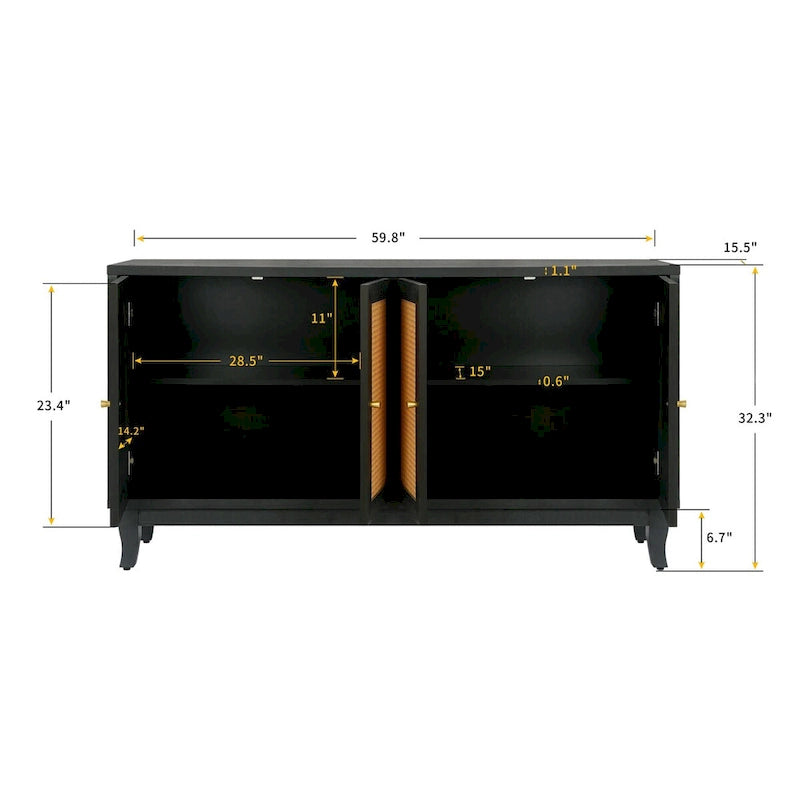 Panneaux en bois de qualité supérieure fabriqués à la main, buffet en rotin avec 4 portes en rotin, meuble de rangement d'appoint
