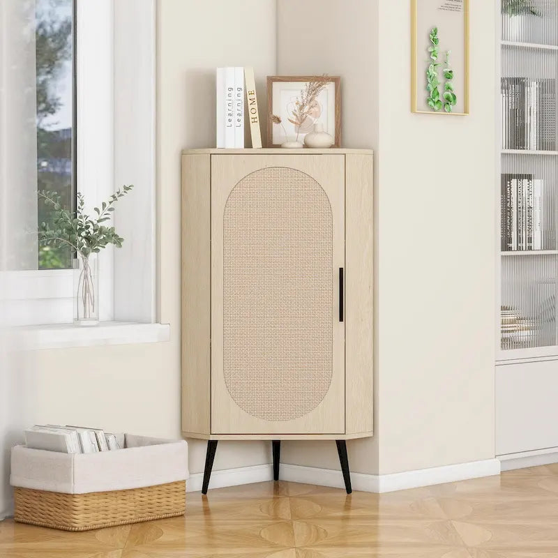 Meuble d'angle, porte en rotin, table d'angle autoportante pour petits espaces, étagère d'angle pour salon, cuisine, salle de bain