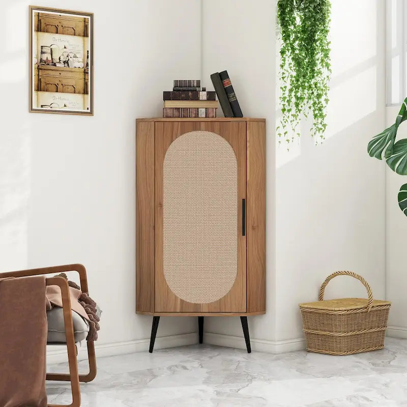 Meuble d'angle, porte en rotin, table d'angle autoportante pour petits espaces, étagère d'angle pour salon, cuisine, salle de bain